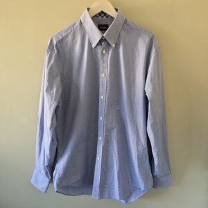 NWOT Neiman Marcus L Quiet Luxury Modern Academia Blue Houndstooth Dress Shirt